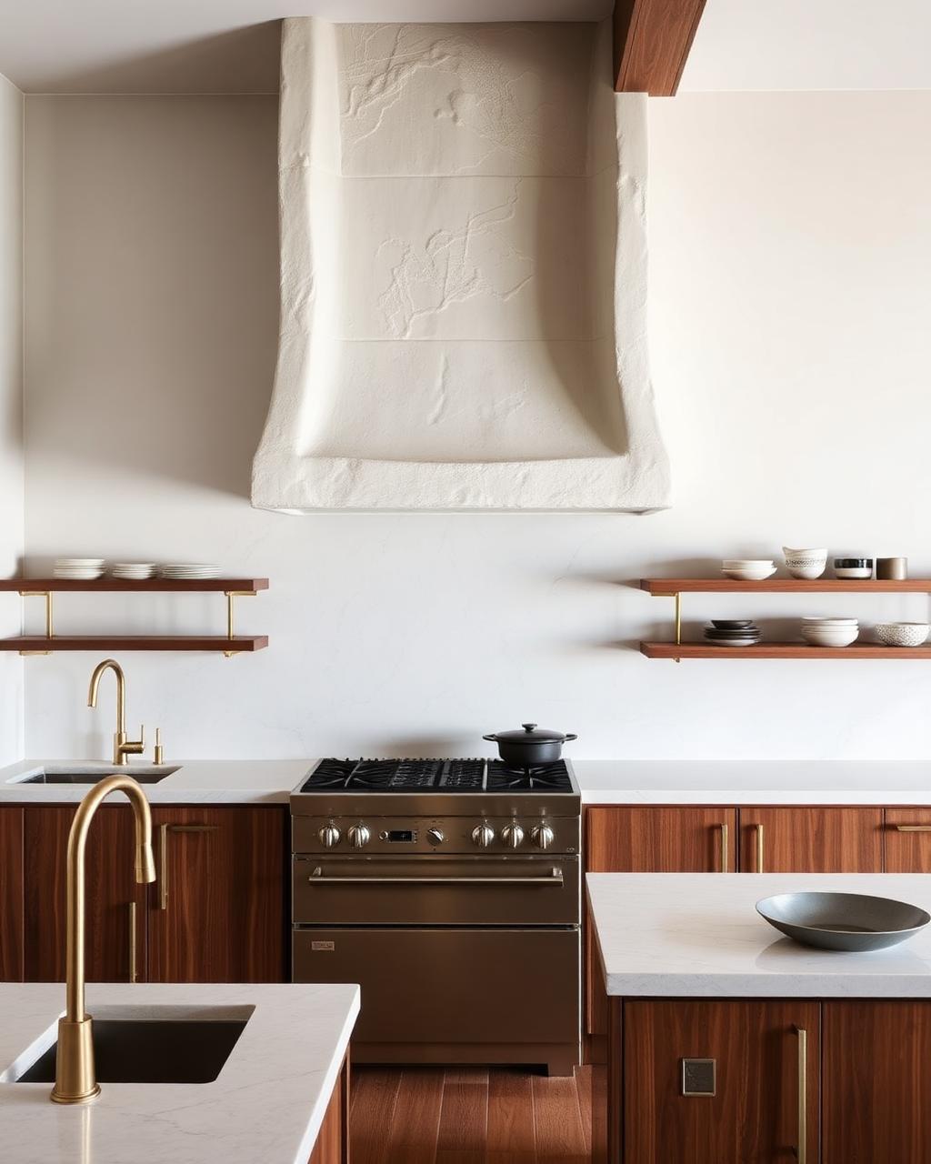 Kitchen with sculptural plaster range hood